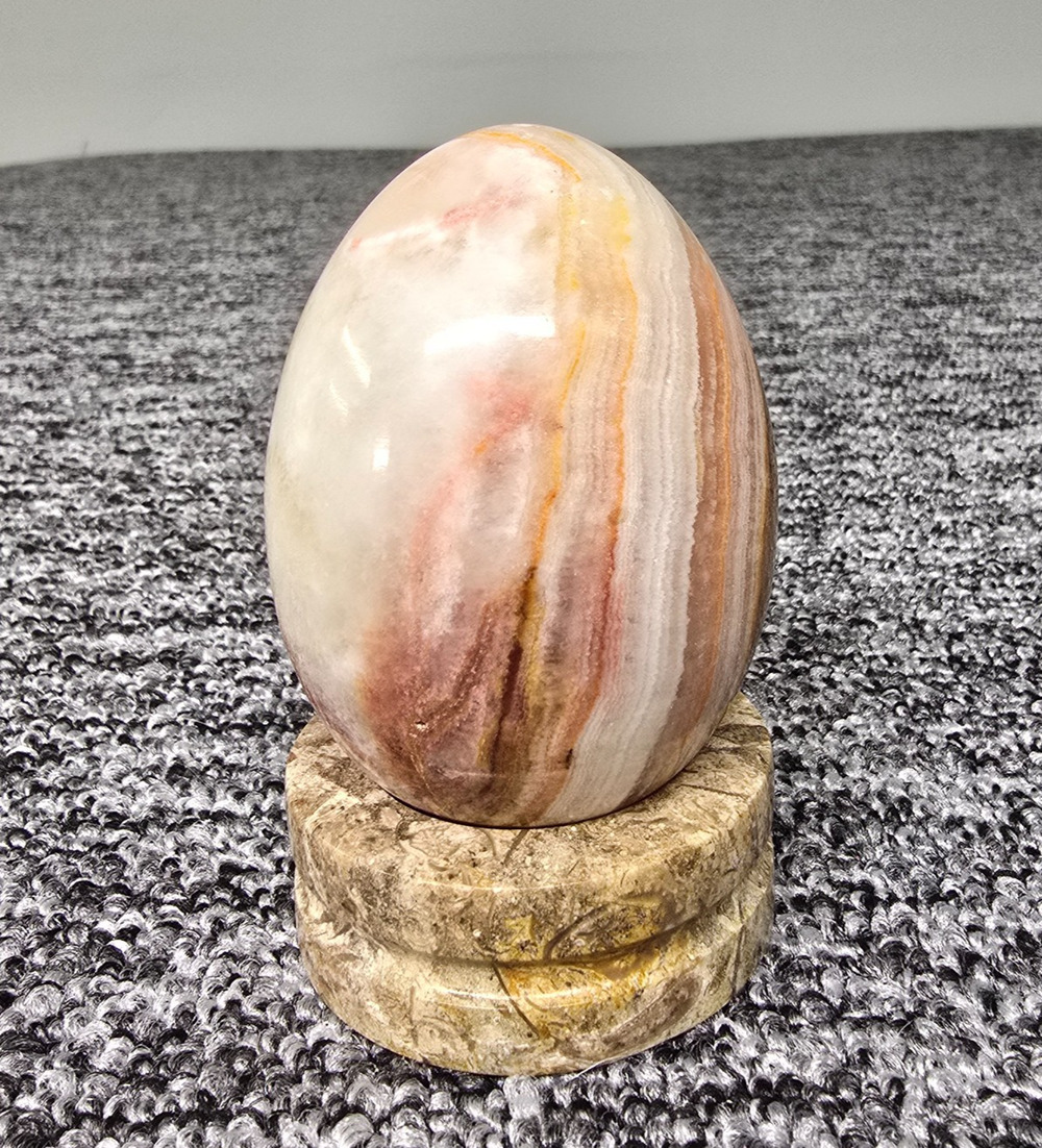 Banded Onyx Polished Stone Egg Natural Pink Cream Amber Banding w/ Stone Base